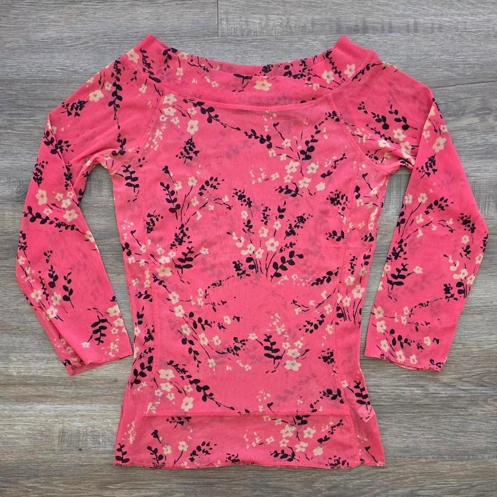 The Limited Pink Floral Boatneck Mesh Top Y2K Whimsygoth Fairy Small MAMP0744